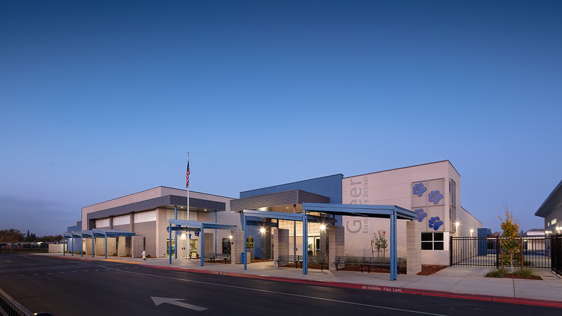 Greer Elementary School building with modern design and clear skies.