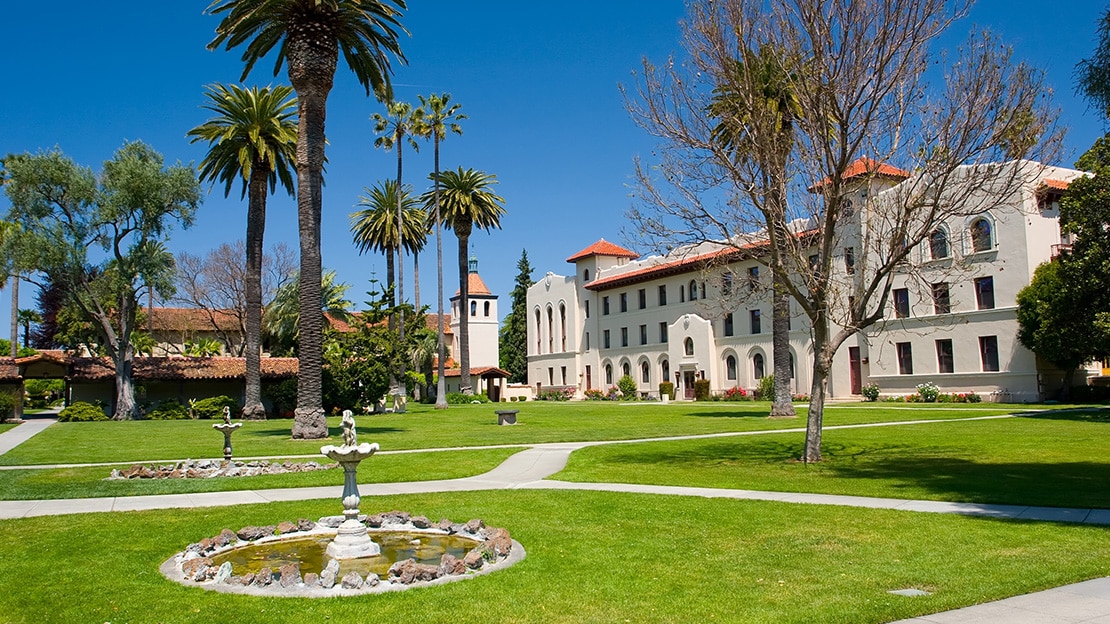 Santa Clara University campus with classic architecture and landscaped surroundings."