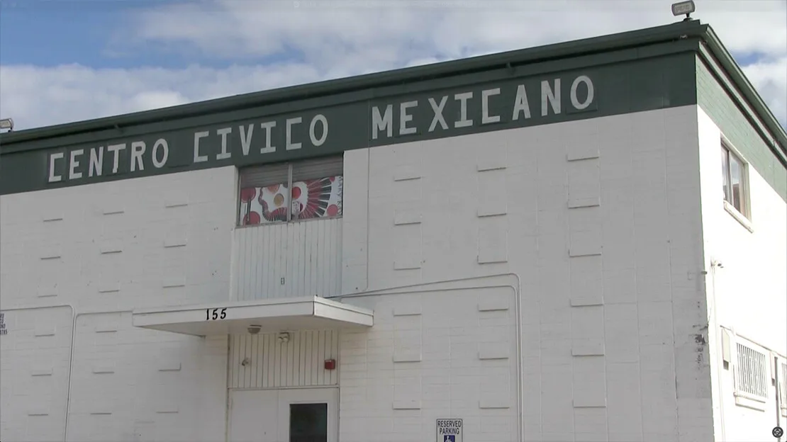 White civic building with green trim and large 'Centro Civico Mexicano' sign above entrance marked 155