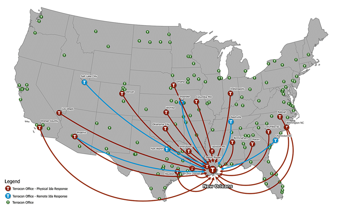 Map of the United States highlighting locations and routes connected to New Orleans, marked with red and blue lines, indicating service or response networks, and various labeled city nodes.