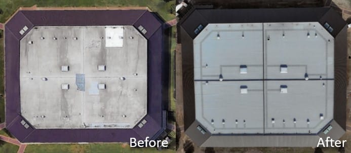 Before and after photos of coliseum roof repair and reconstruction