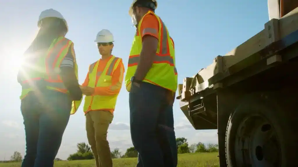 3 terracon team members having a discussion while wearing safety vests and hard hats