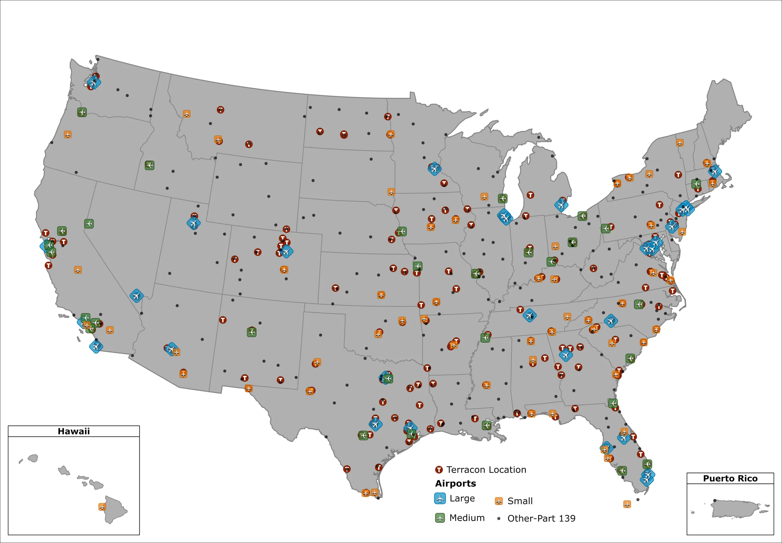 Map of Terracon airport project locations in the U.S.