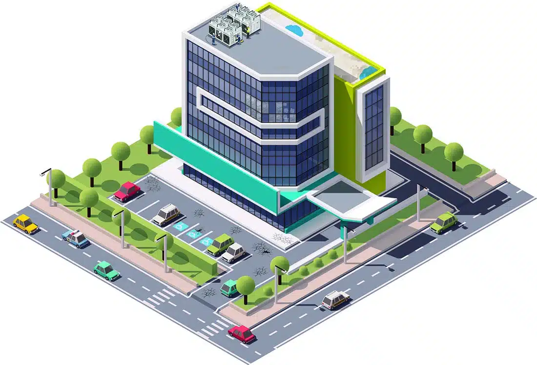 Drawing of a building with pavement around it