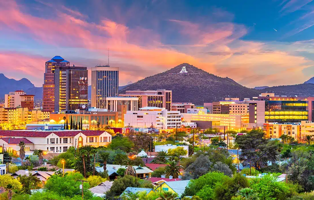 Tucson, Arizona skyline at sunset