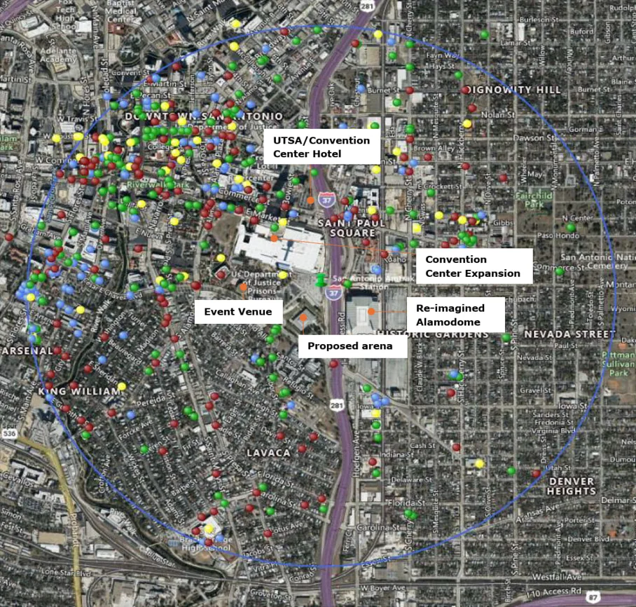 Data dots overlaying a city map of San Antonio 