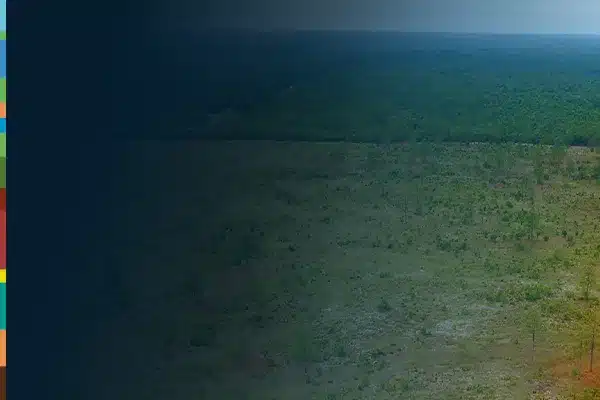 A drone shot of a green, open field with a dark blue gradient on the left side of the image