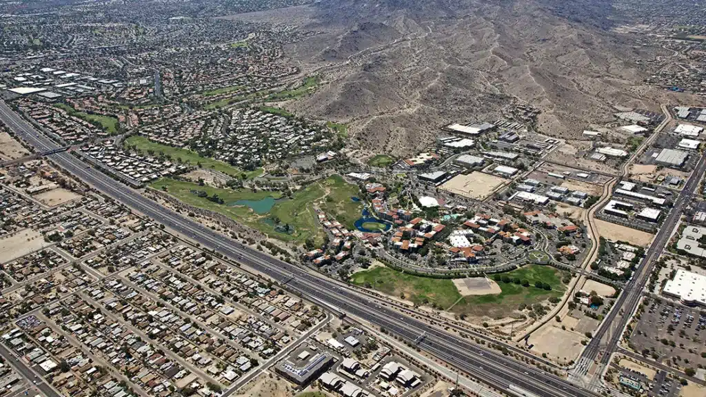 An aerial view of the South Mountain Freeway in Phoenix