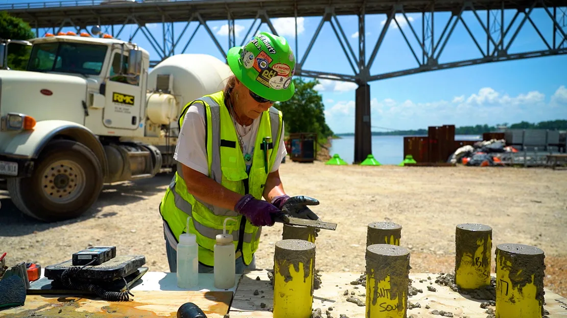 A member of Terracon's traveling technician team performing materials testing on a project